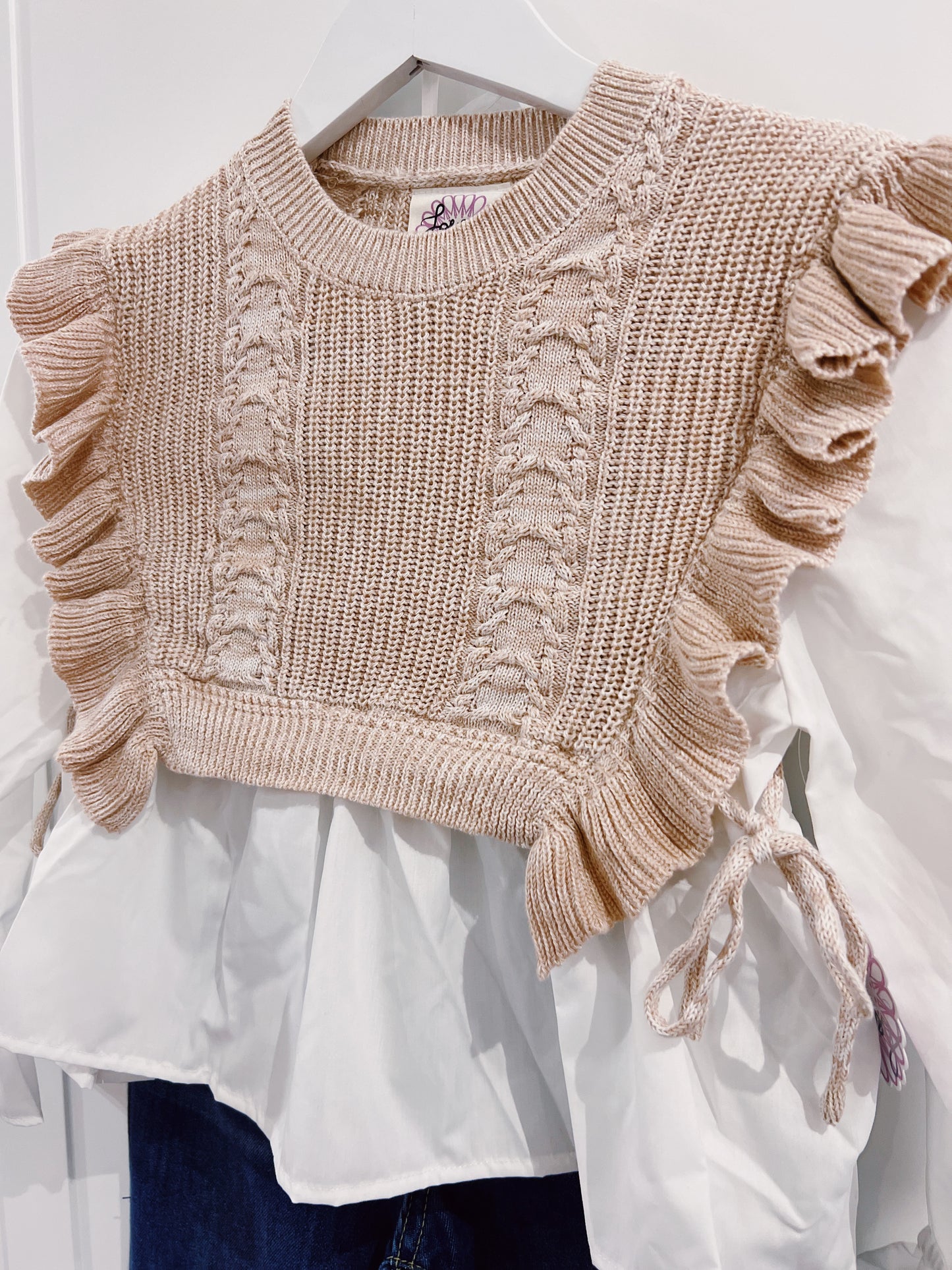 Love Daisy Taupe Faux Vest with Poplin Sleeve Top