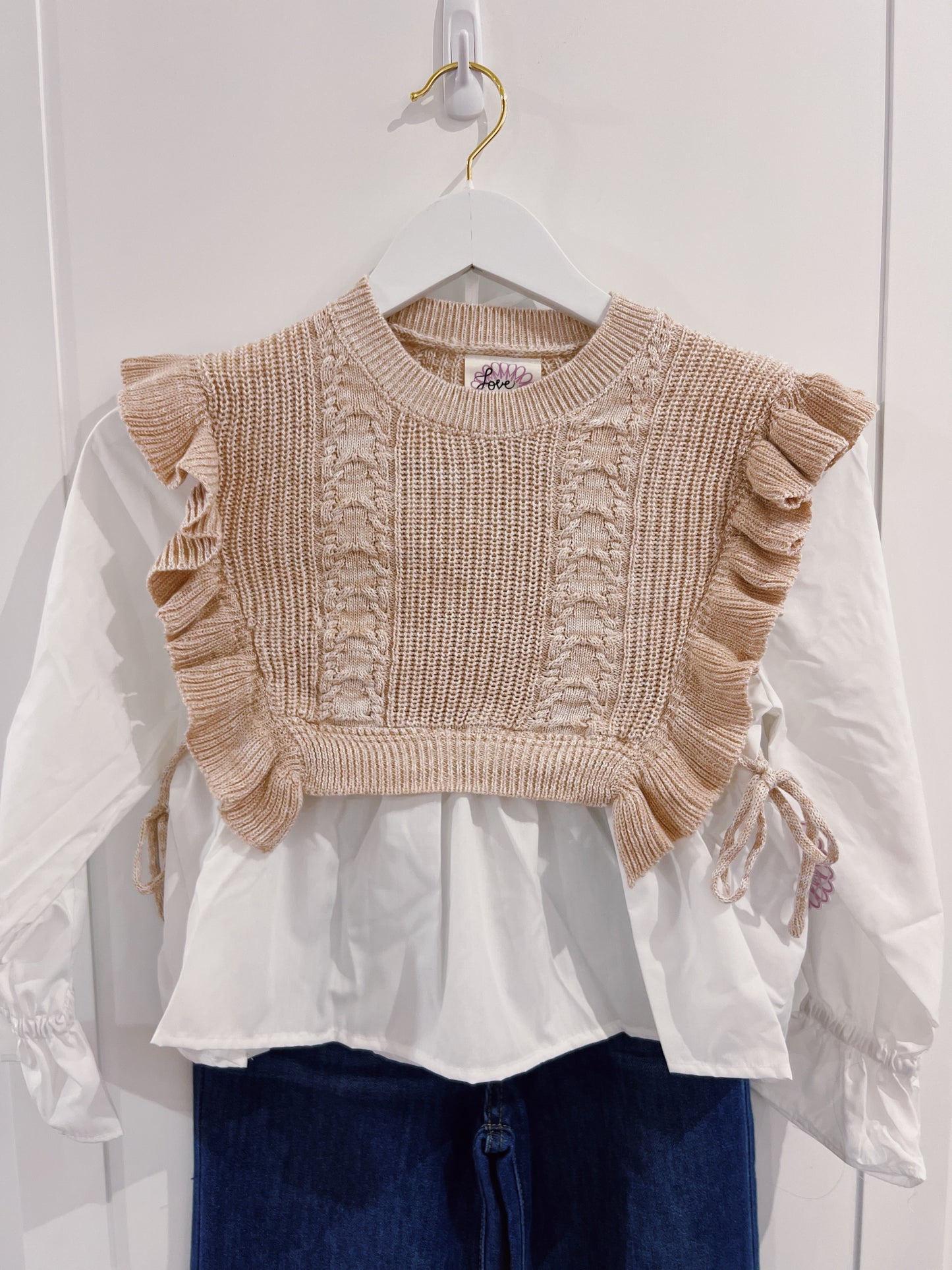 Love Daisy Taupe Faux Vest with Poplin Sleeve Top