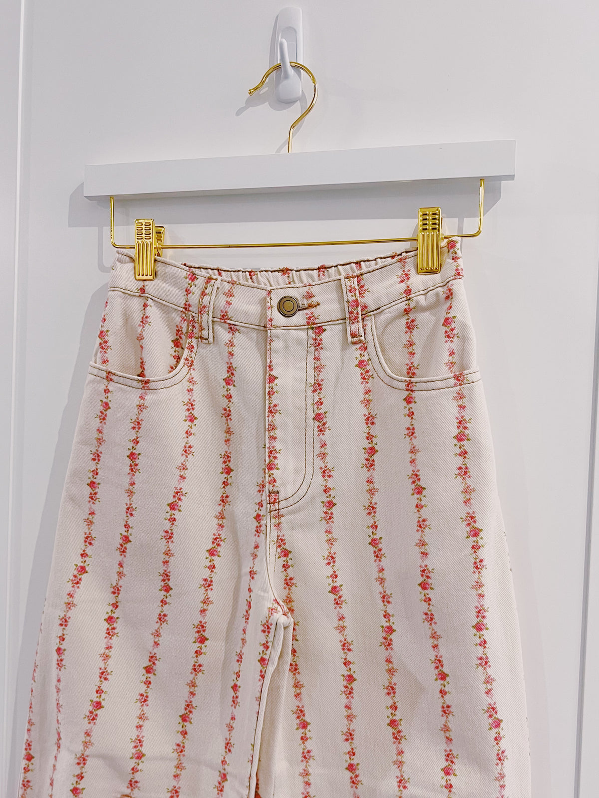 Peach Love Cream/Pink Front Button Detail Denim Pant
