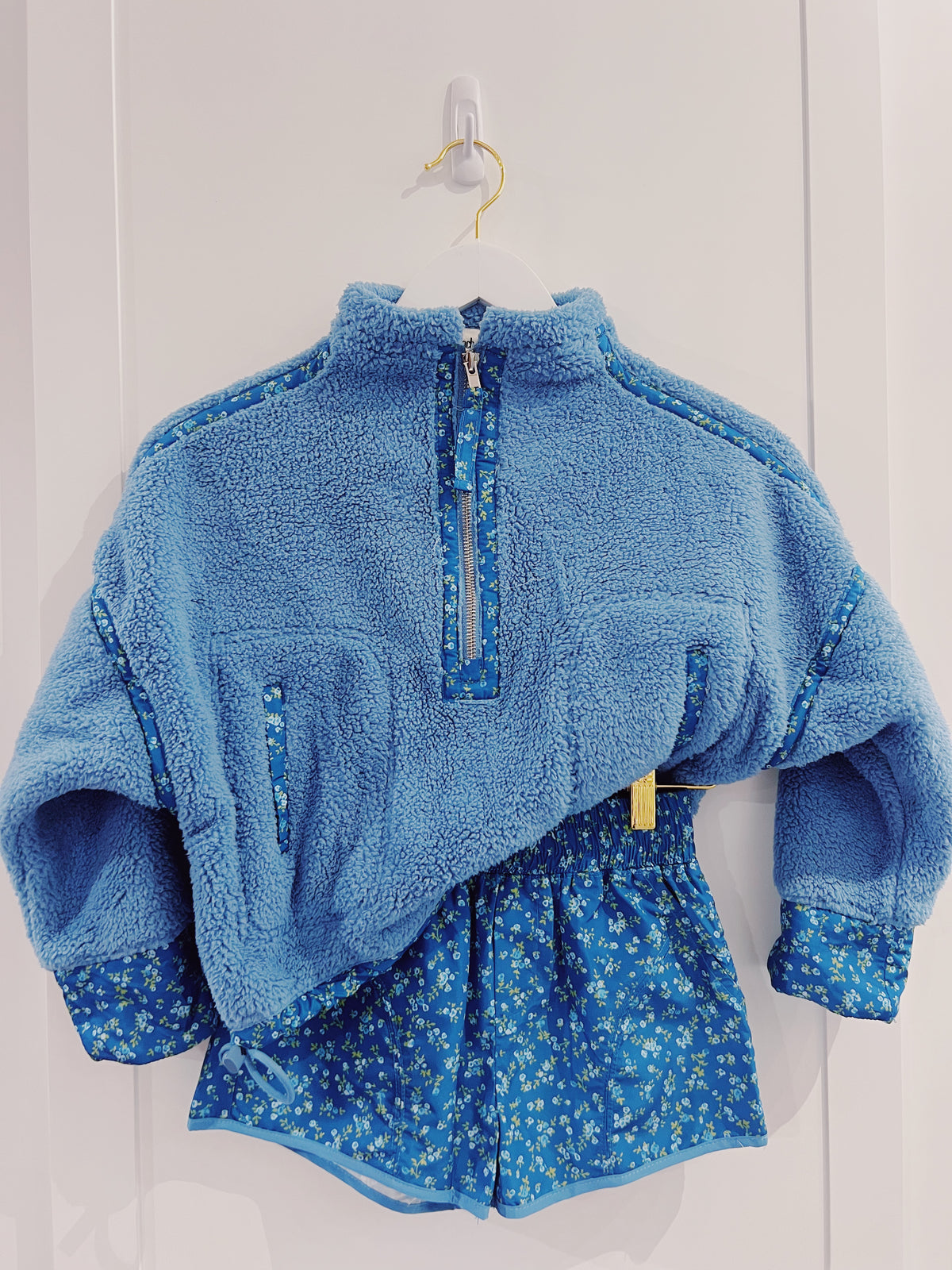 Peach Love Blue Floral Printed Sherpa Jacket