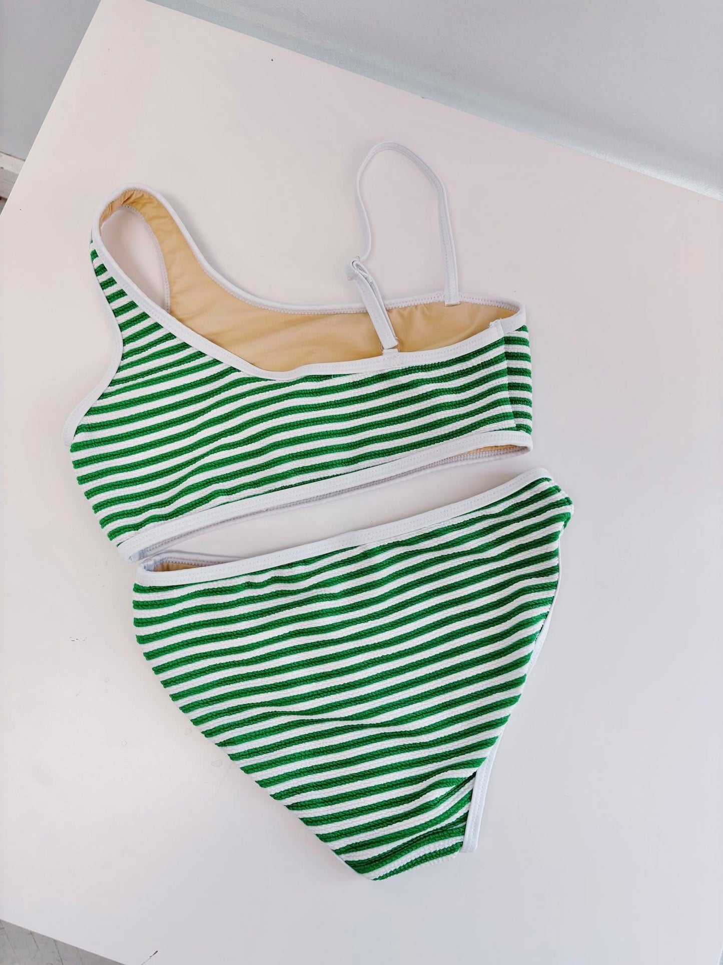 Green Stripe Ribbed 1 Shoulder 2 Pc Swimsuit
