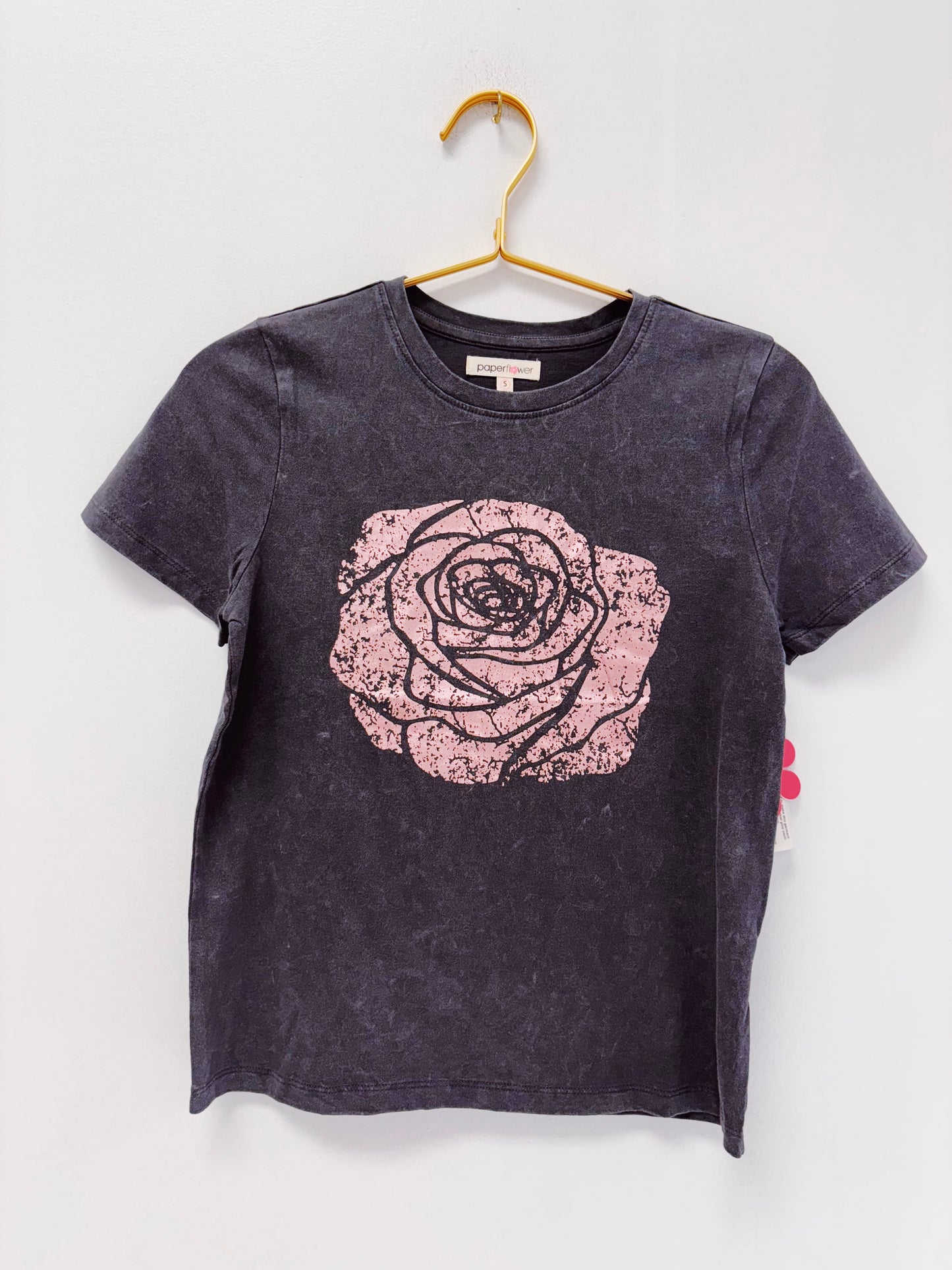 Paper Flower Gray Distressed Rose Acid Wash Tee