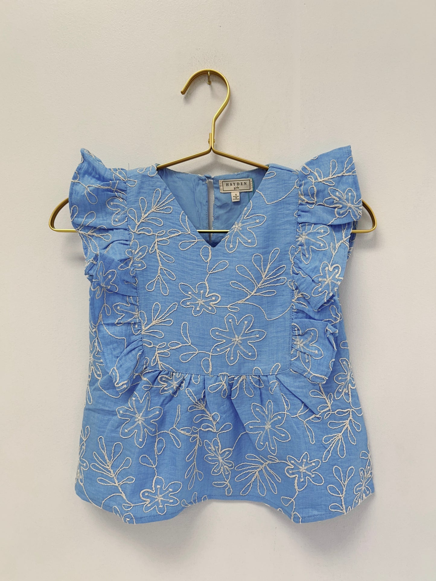 Hayden Blue Embroidered Ruffle Sleeve Top