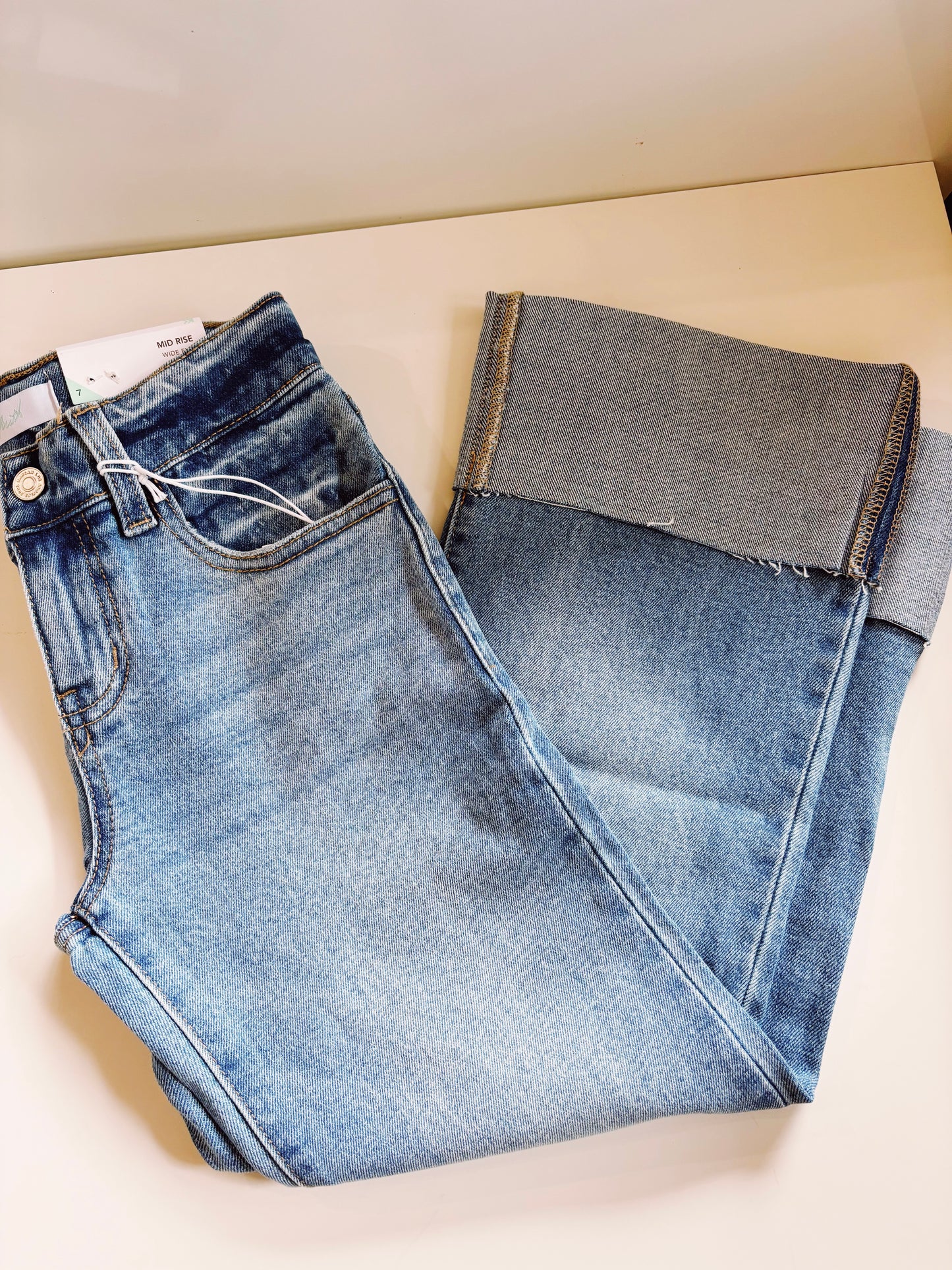 Kan Can Medium Wash Mid Rise Wide Flare Jeans