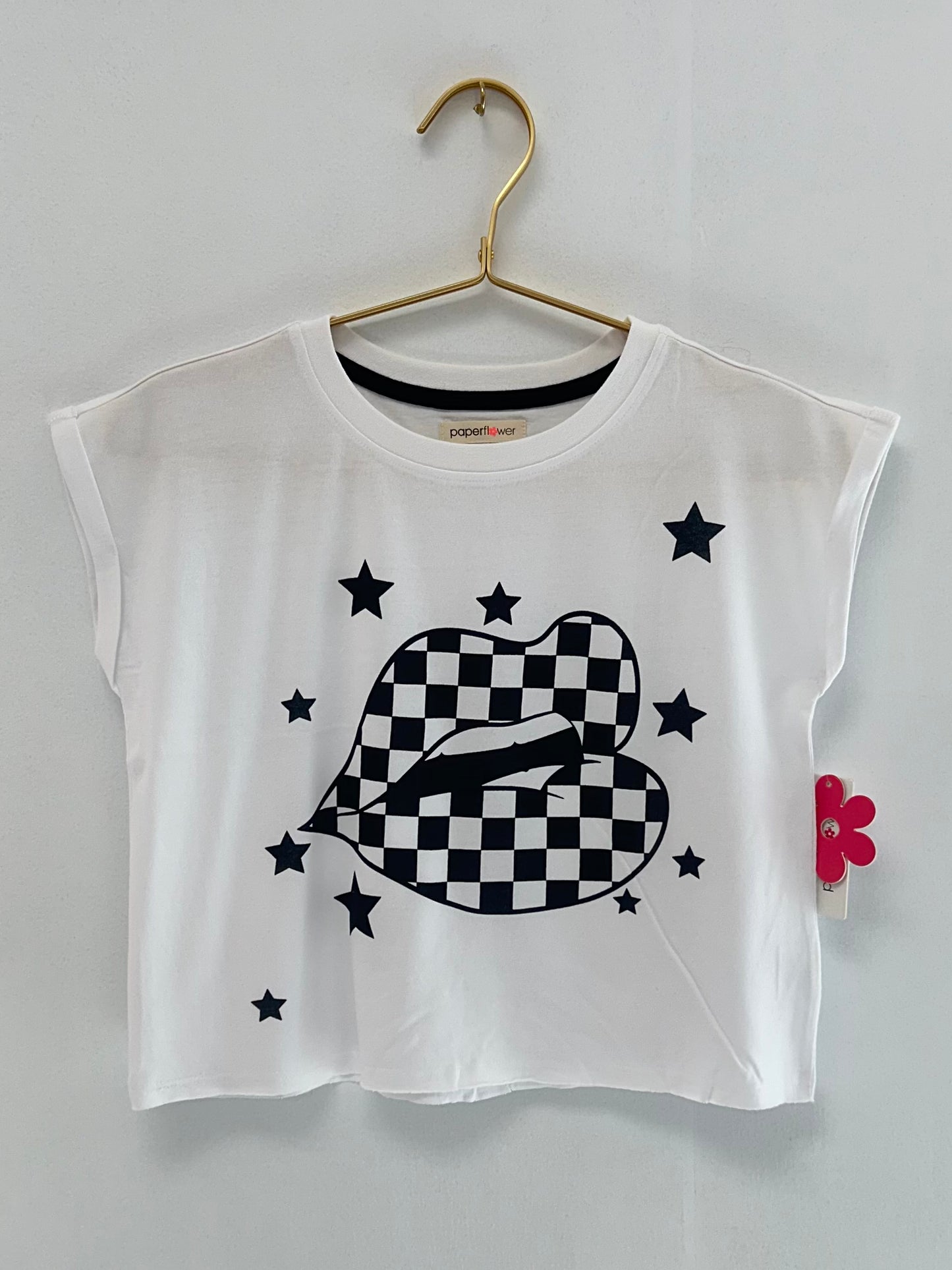 Paper Flower White Kiss Lips Checkered Tee
