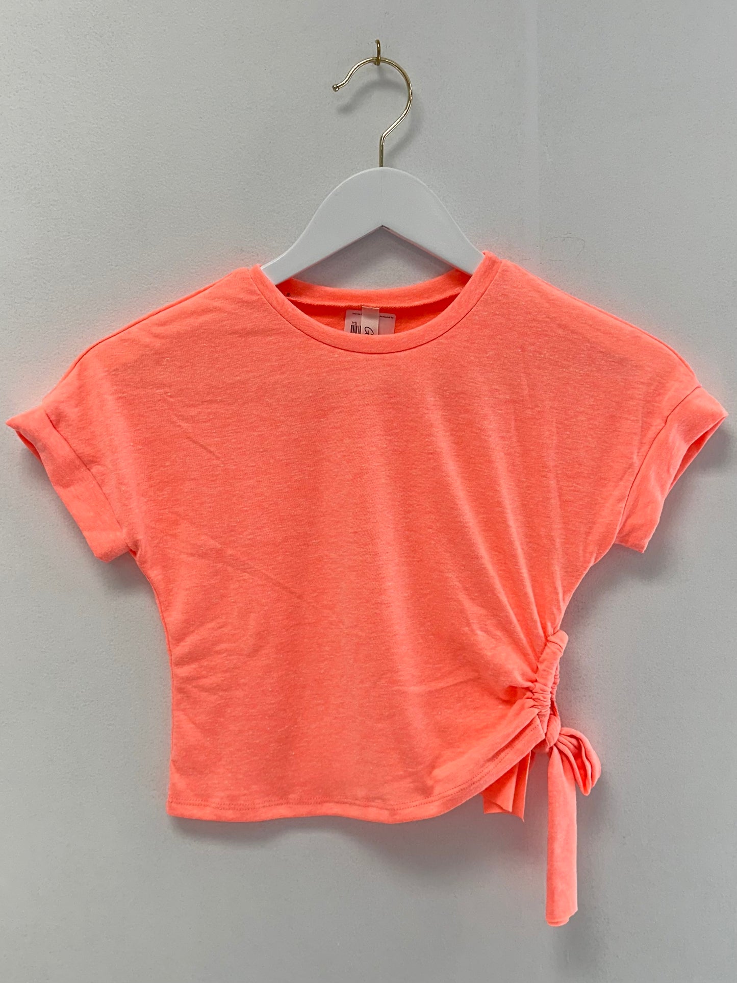 Good Girl Neon Coral Drawstring Ruching Knit Top