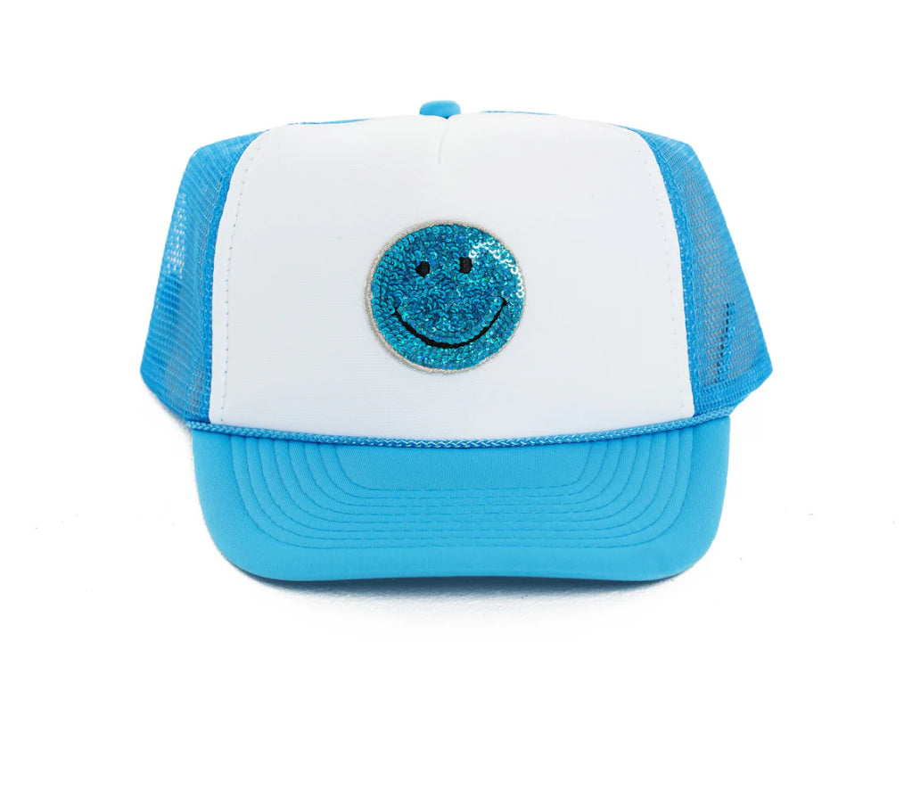 Neon Blue Happy Face Patch Trucker Hat