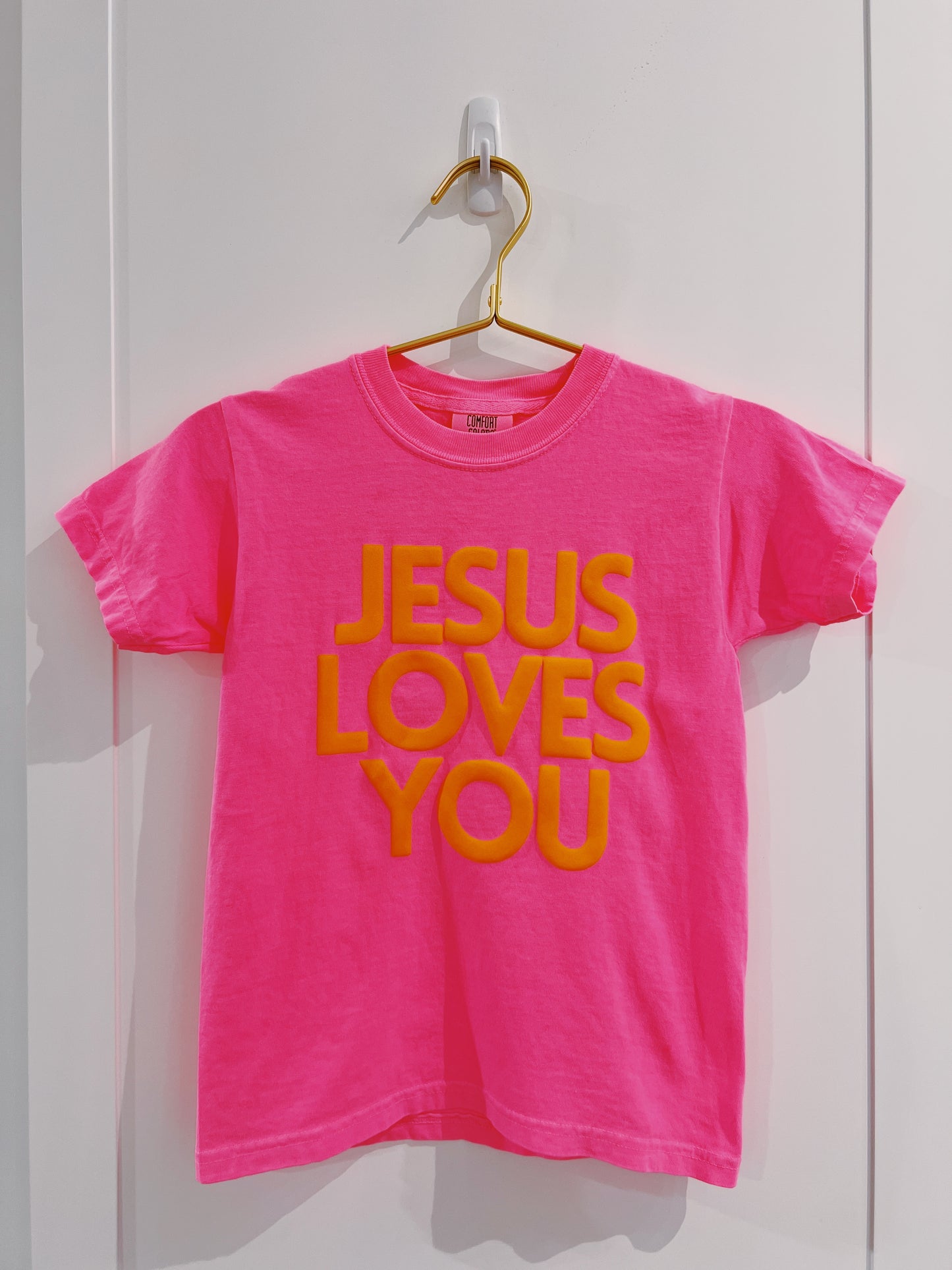 Neon Pink/Orange Jesus Loves You Puff Tee
