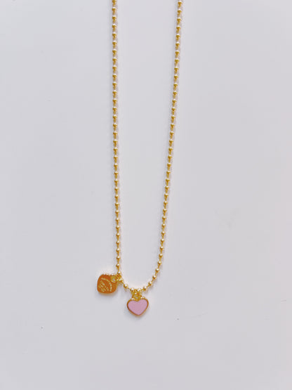 Gold Pink Heart Charm Necklace