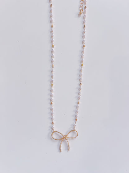 Gold Textured Bow & Pearl Chain Necklace