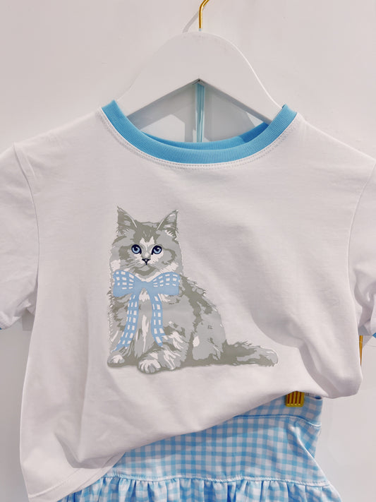 Blue Gingham Bow Kitty Boxy Tee