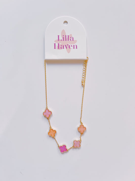 Gold Pink Clover Necklace