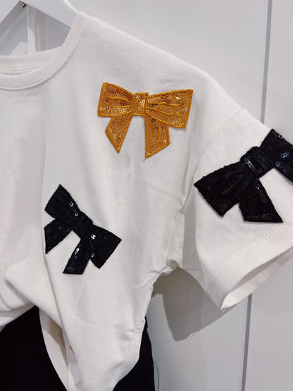 Hayden Black/Gold Sequin Bow Top