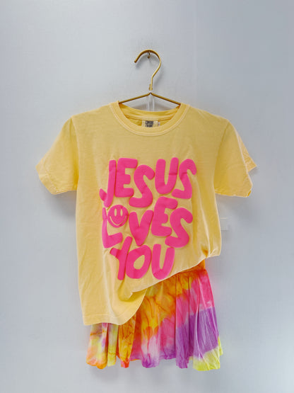 Yellow Smiley Jesus Loves You Tee
