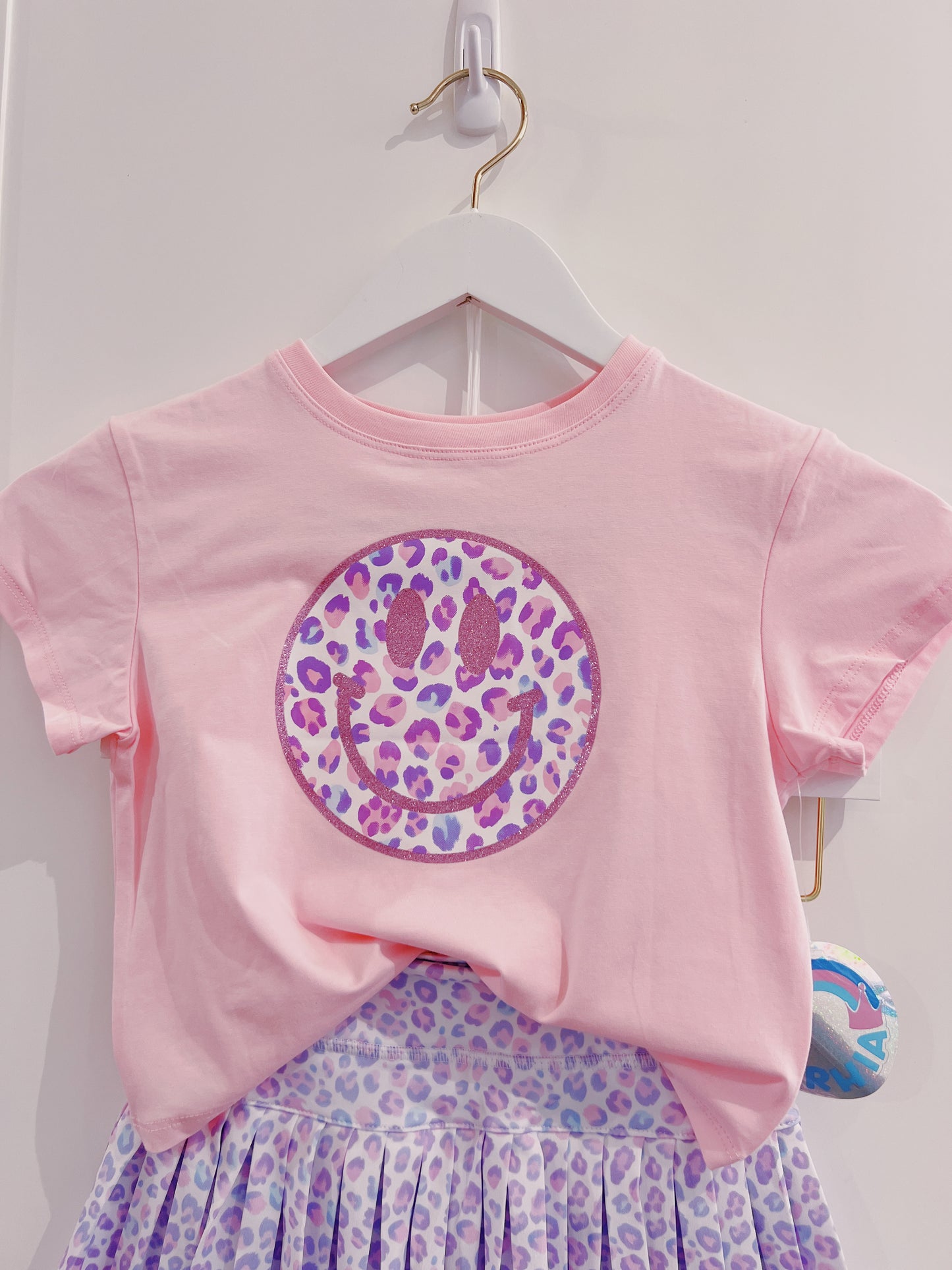 Azarhia Pink Glitter Leopard Smiley S/S Boxy Tee