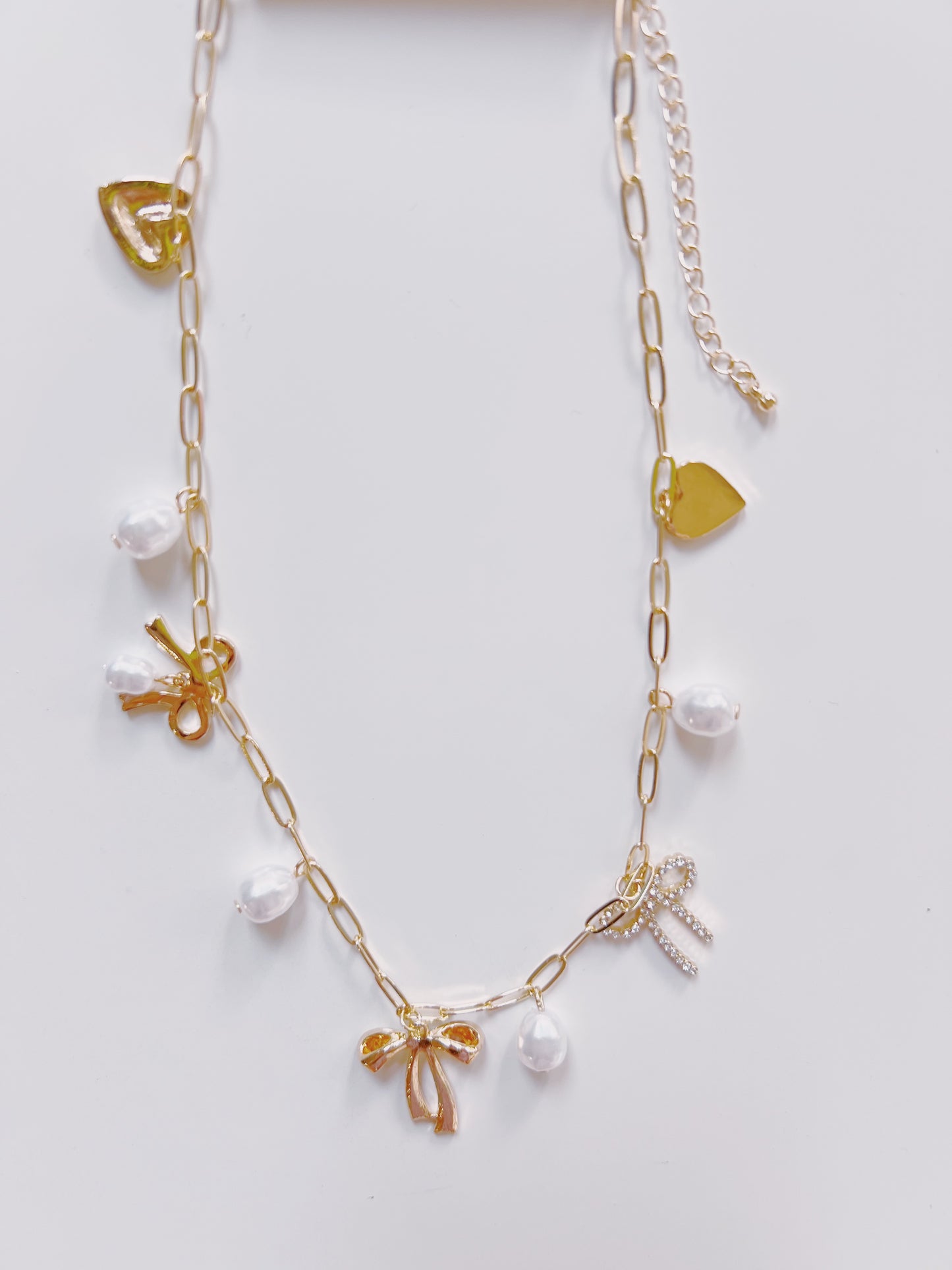 Gold Bow & Heart Multi Charm Necklace