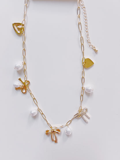 Gold Bow & Heart Multi Charm Necklace