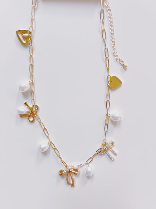 Gold Bow & Heart Multi Charm Necklace