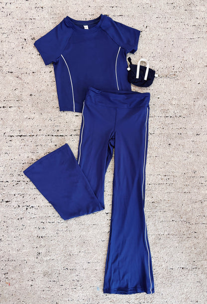 Navy Blue Piped Flare S/S Legging Set