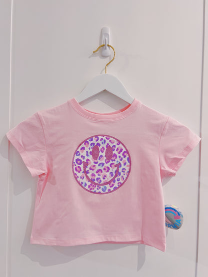 Azarhia Pink Glitter Leopard Smiley S/S Boxy Tee