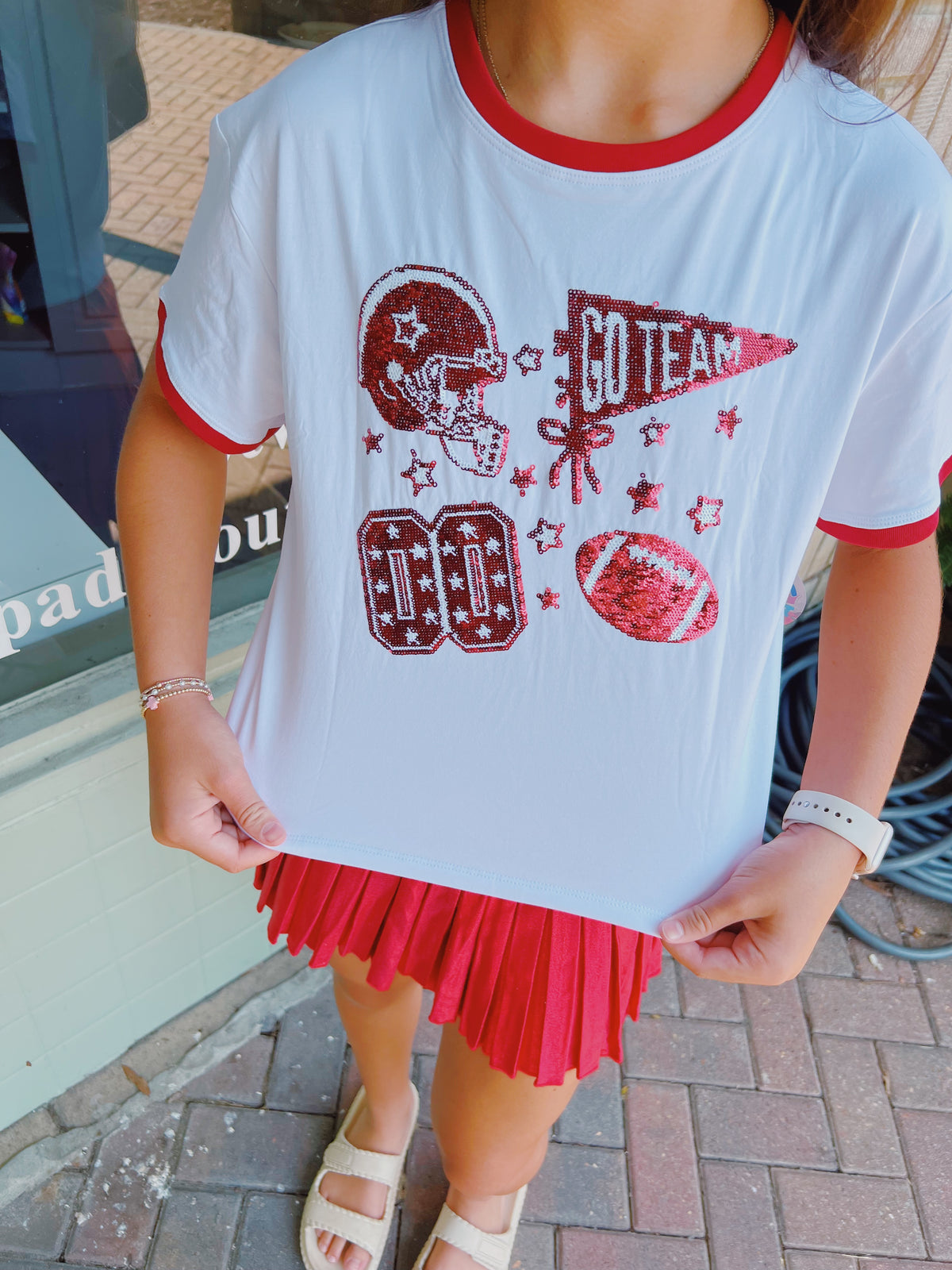Azarhia Crimson Sequin Football Elements Boxy Tee