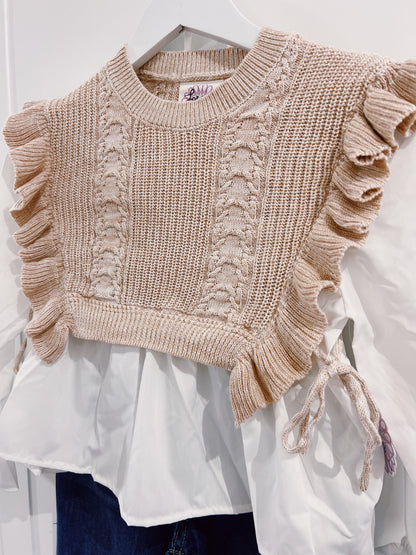 Love Daisy Taupe Faux Vest with Poplin Sleeve Top