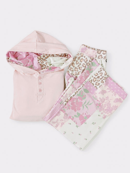 Sweet Soul Print Heart Patch Hoodie Pant Set