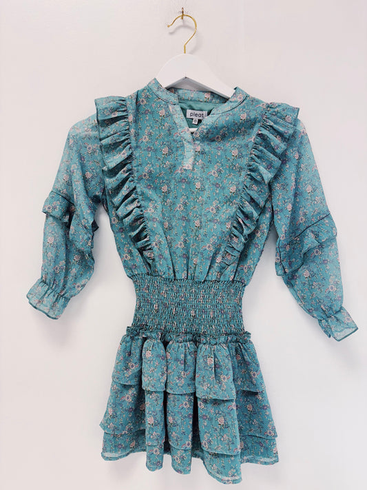 Pleat Whimsy Teal Campbell Dress