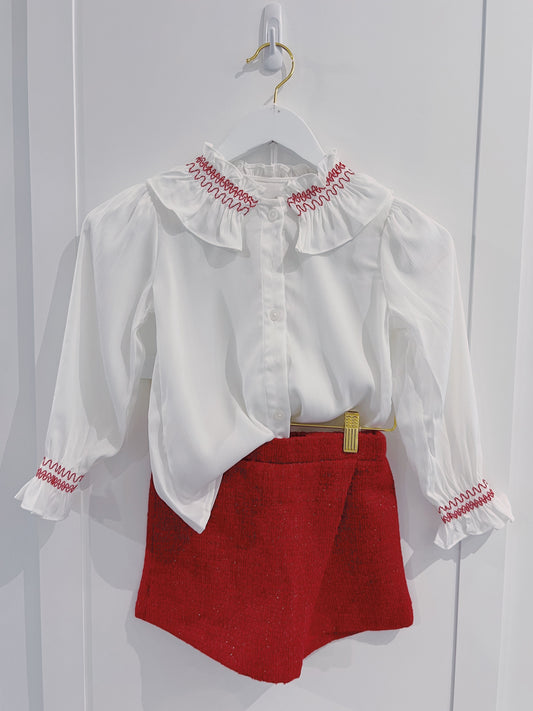 LuLu BeBe White/Red Smocked Ruffle Shirt
