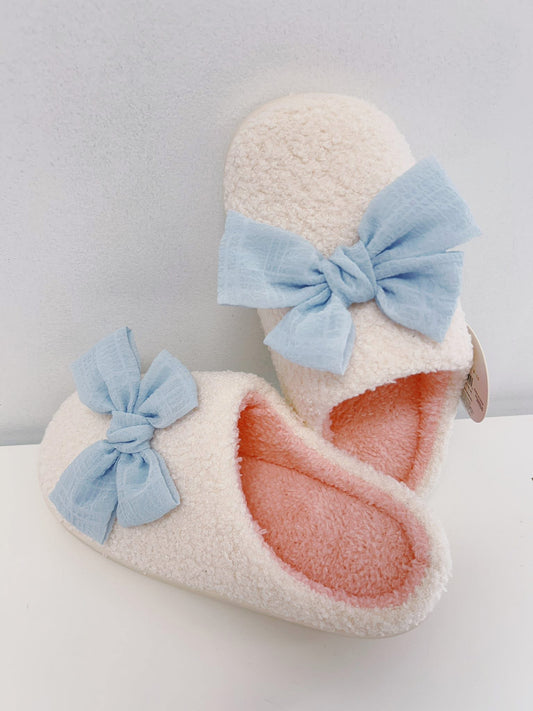 Light Blue Bow Fuzzy Slippers