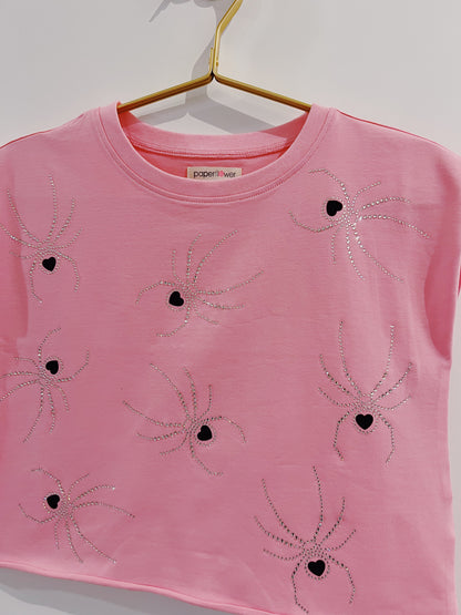 Paper Flower Pink Rhinestone Spiders Top
