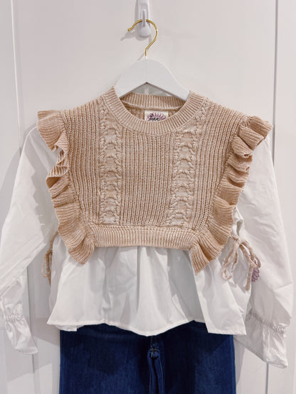 Love Daisy Taupe Faux Vest with Poplin Sleeve Top