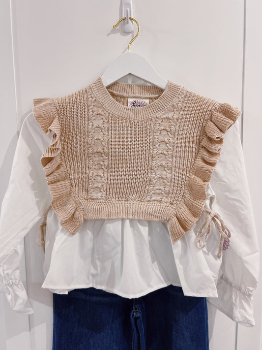 Love Daisy Taupe Faux Vest with Poplin Sleeve Top