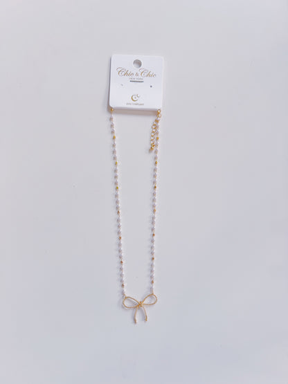 Gold Textured Bow & Pearl Chain Necklace