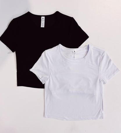 Juniors 2 Pack Black/White Rib S/S Top with Inner Bra