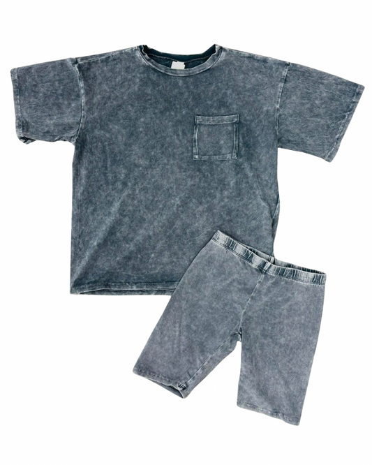 Good Girl Charcoal Mineral Washed Biker Short Set