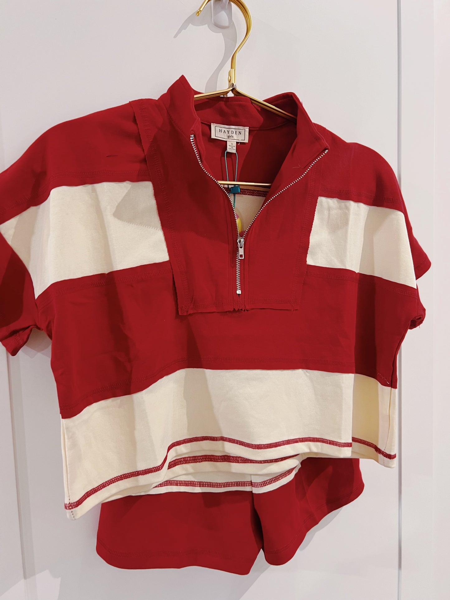 Hayden Crimson/Cream Half Zip Short Set