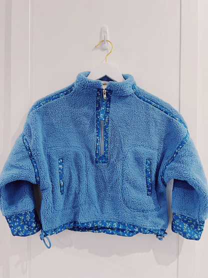 Peach Love Blue Floral Printed Sherpa Jacket