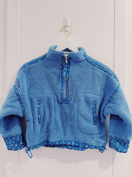 Peach Love Blue Floral Printed Sherpa Jacket