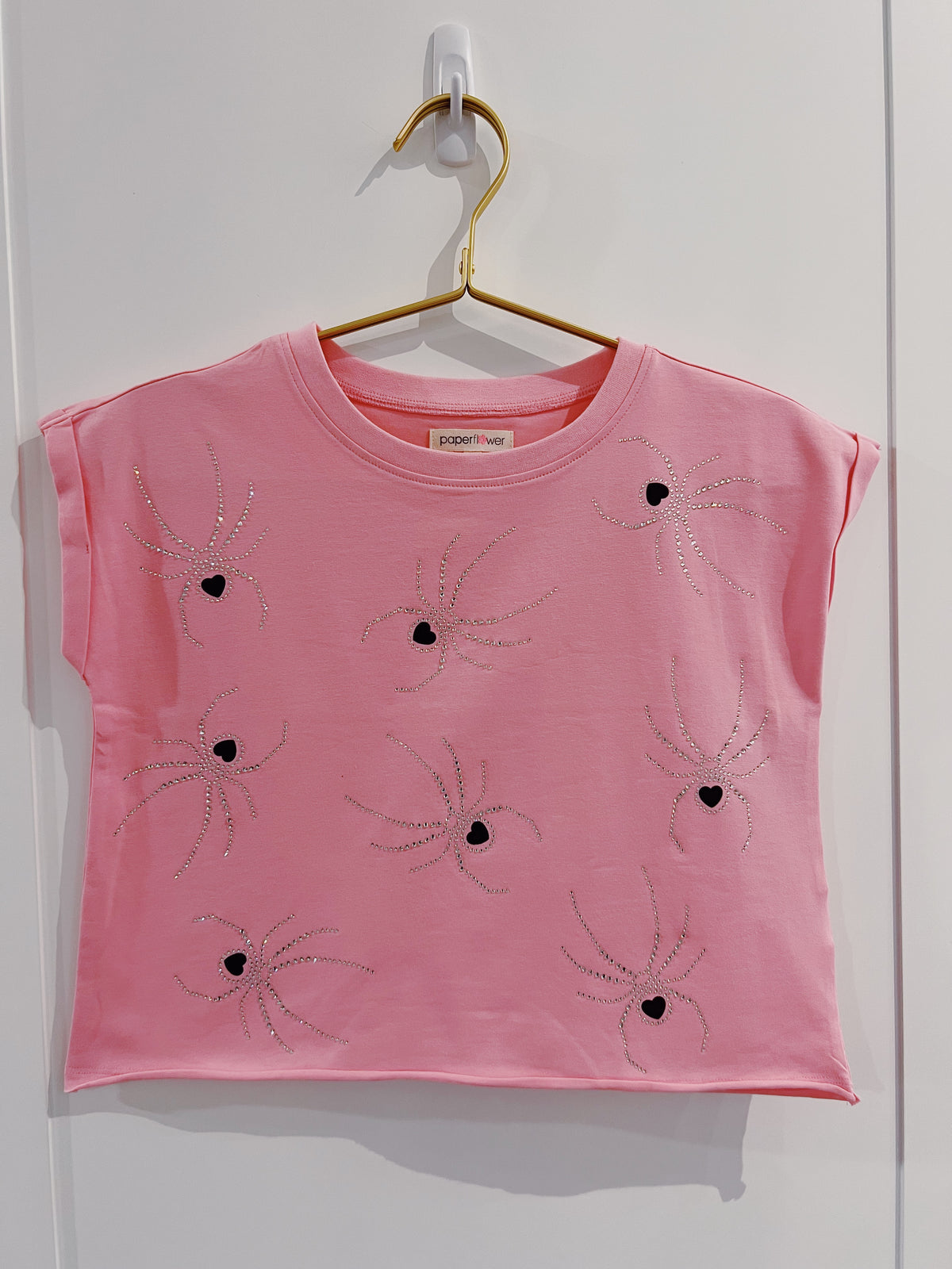 Paper Flower Pink Rhinestone Spiders Top
