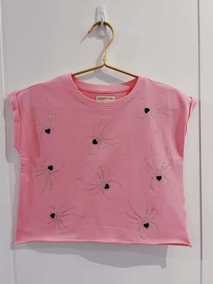 Paper Flower Pink Rhinestone Spiders Top