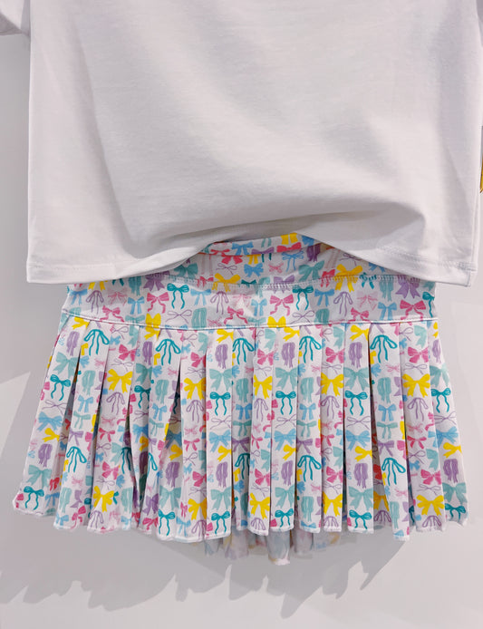 Pastel Bows White Mini Pleat Skort