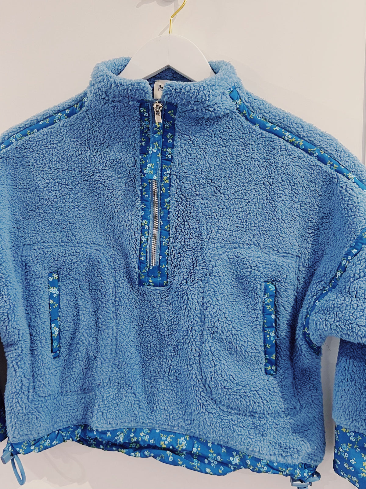 Peach Love Blue Floral Printed Sherpa Jacket