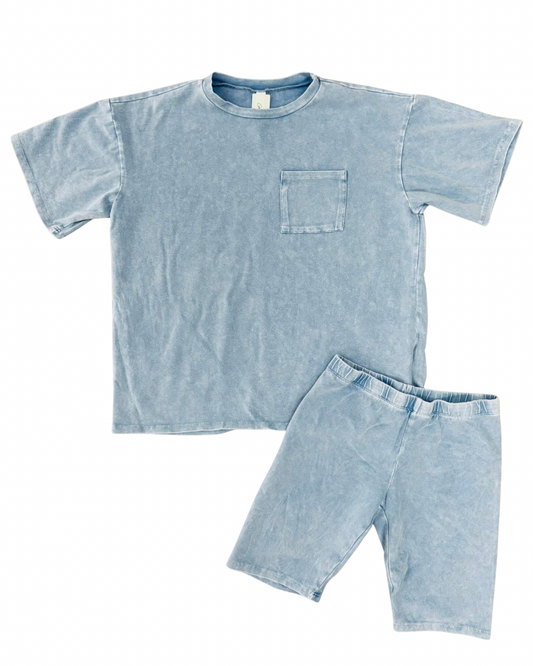 Good Girl Denim Blue Mineral Washed Biker Short Set