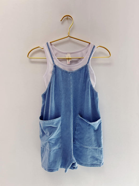 Good Girl Mineral Wash Denim Blue Romper