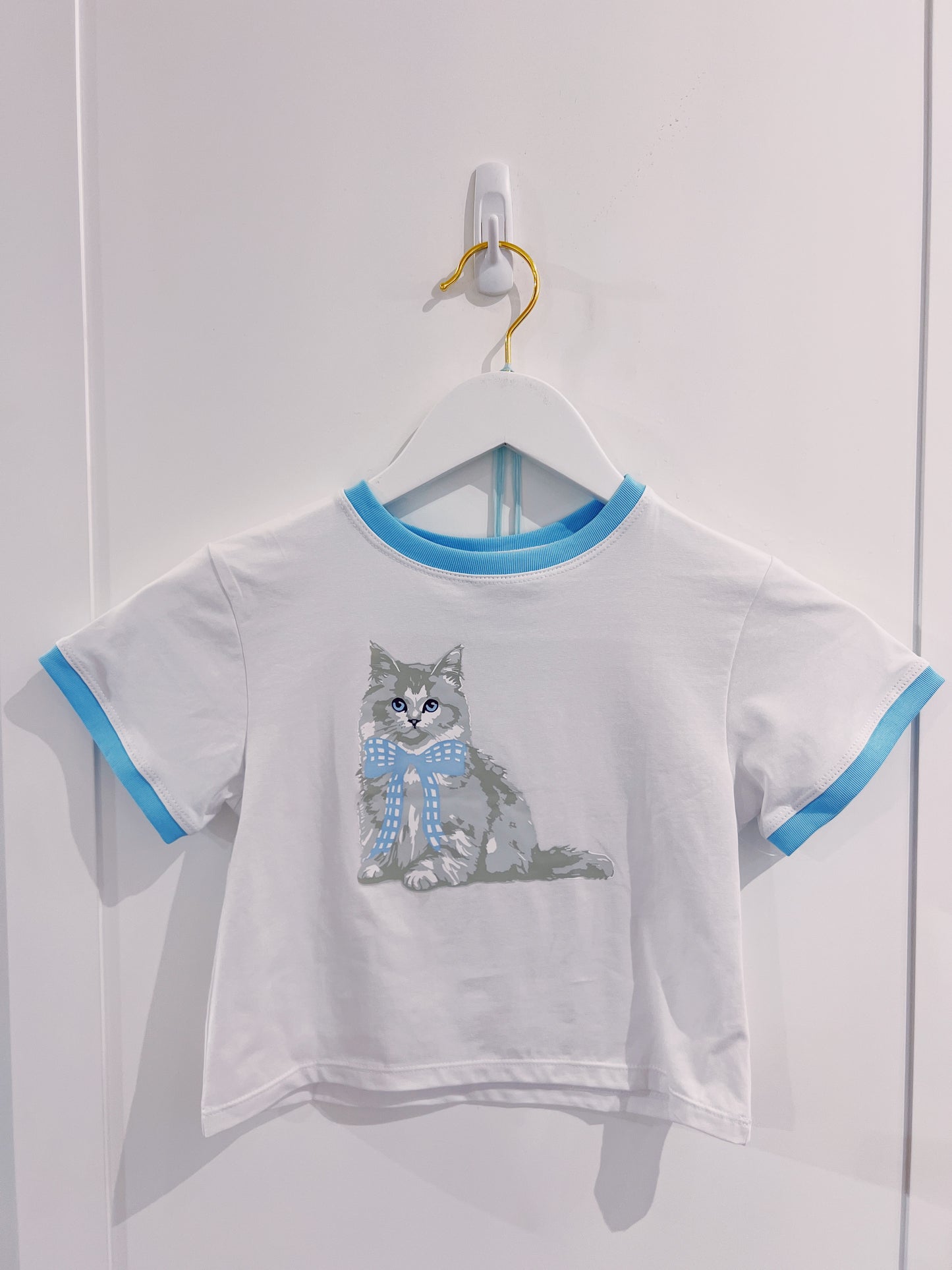 Blue Gingham Bow Kitty Boxy Tee