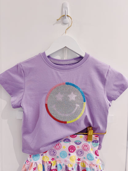 Azarhia Sequin Star Smiley Face Lavender Boxy Tee