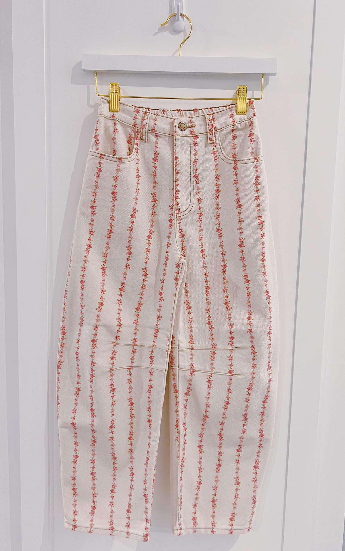 Peach Love Cream/Pink Front Button Detail Denim Pant