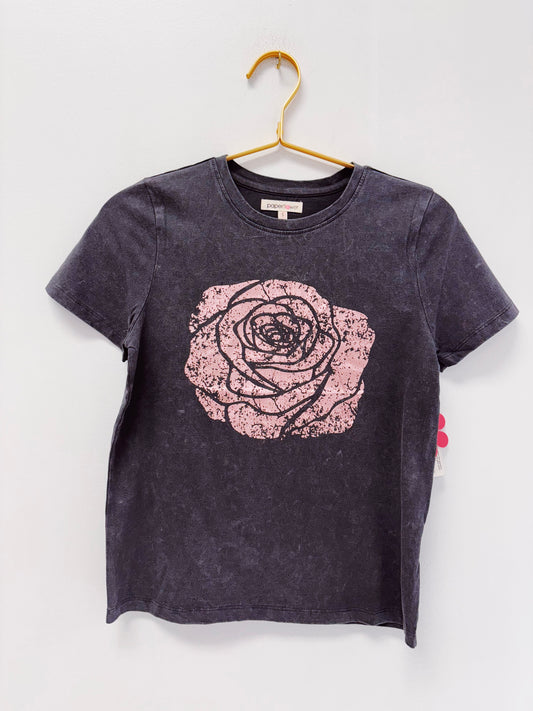 Paper Flower Gray Distressed Rose Acid Wash Tee