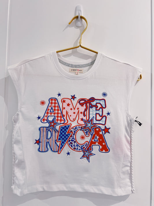 Paper Flower White America Applique Tank
